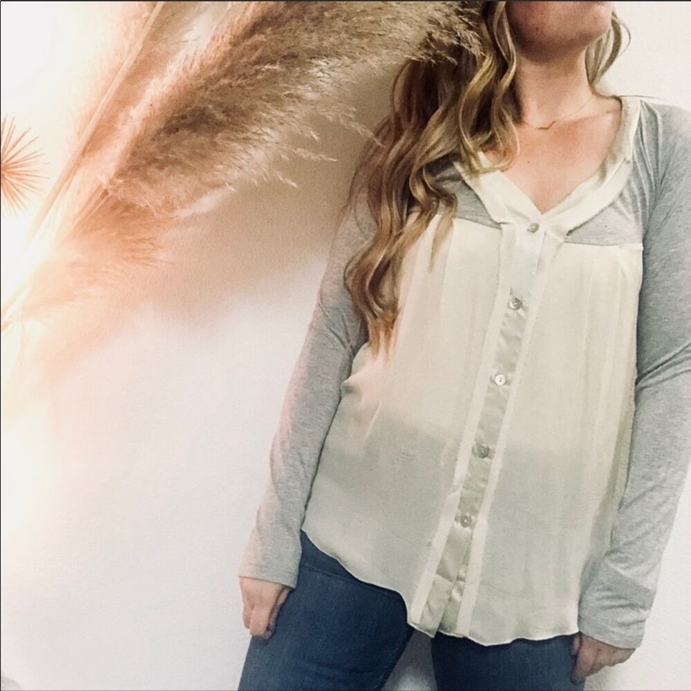 ANTHROPOLOGIE DOLAN White Grey Shell Button Down Mix Media Top Shirt Blouse M